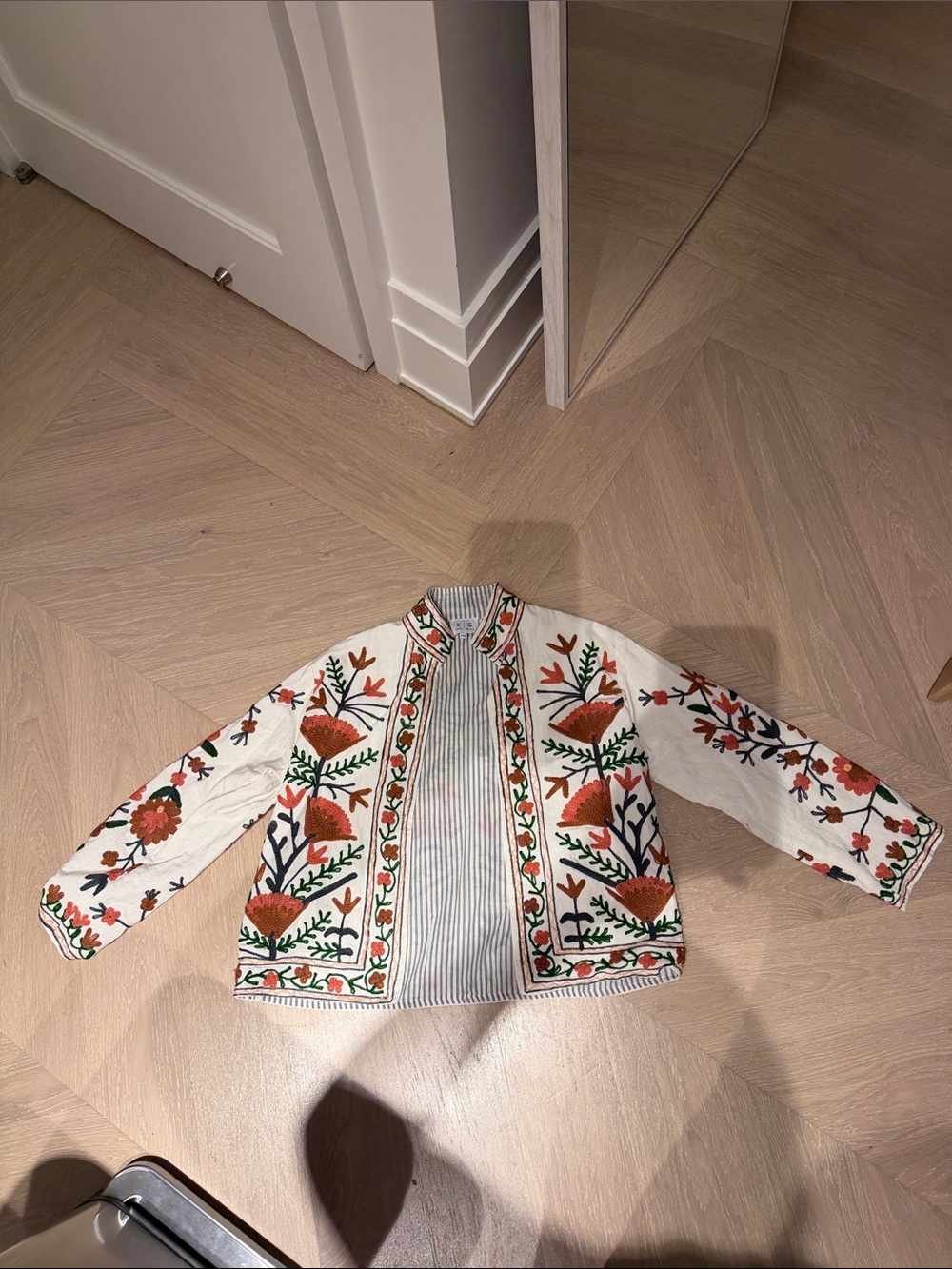 Kerry Grima OS Embroidered Floral Cotton Jacket - White with Orange & Green